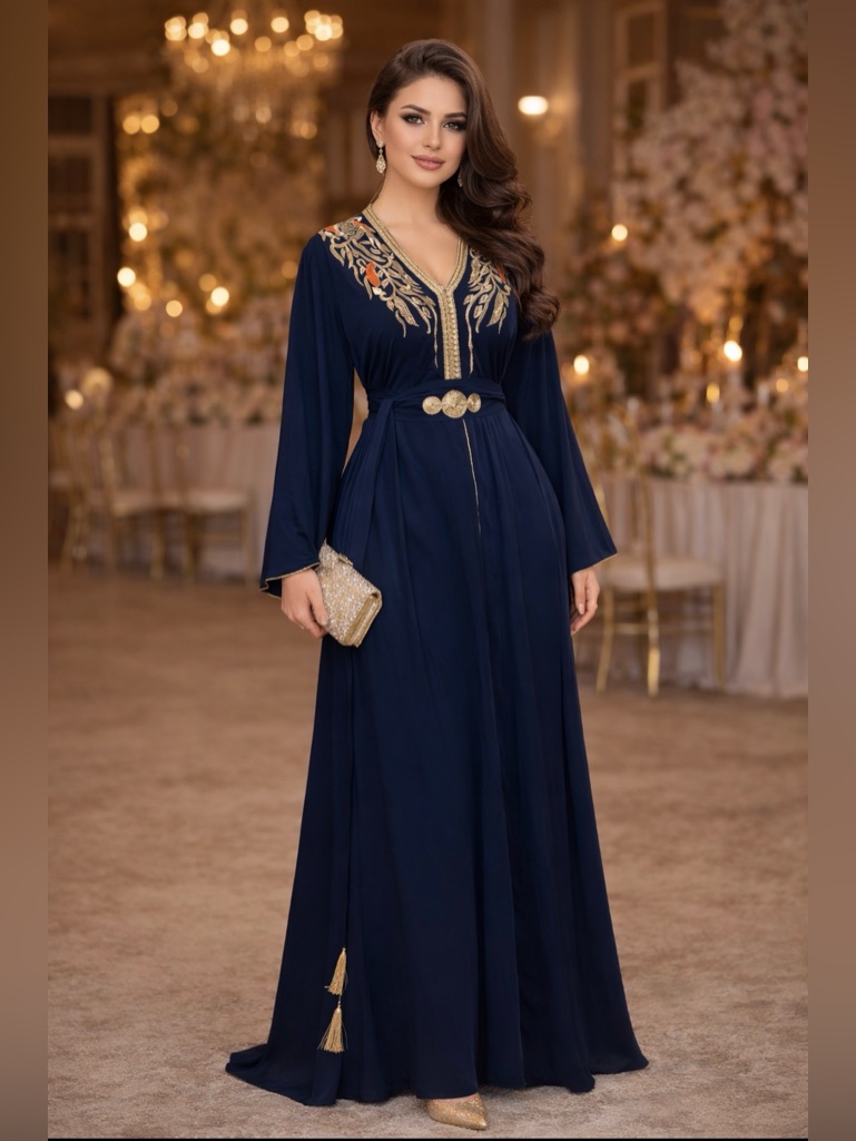 Luxury Moroccan Kaftan Navy Blue Gold Embroidery Elegant Evening Dress Long Maxi